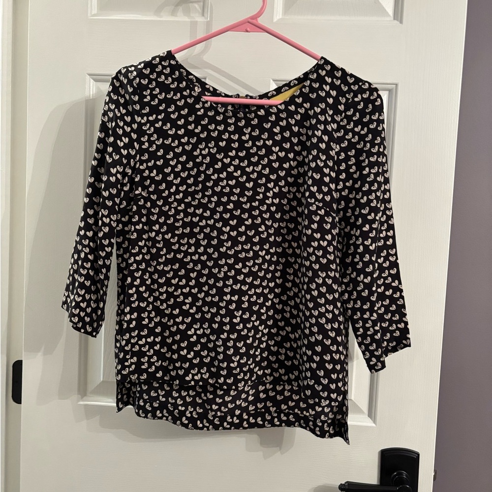 Maeve Anthropologie Small P Women’s Black White Linosa Heart Print Silk Blouse